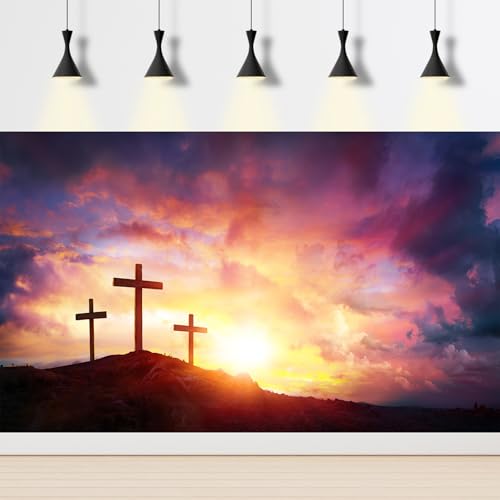 Jesus Christ Backdrop Crucifixion of Jesus Christ at Sunrise Sunset Photography Background Three Crosses Backdrops Sepulcher Lord Pray Background Christmas Easter Crucifixion Belief Props 5x3ft - color: Black_Red, size: 5x3ft
