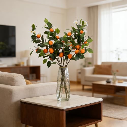 2PCS 37.4Inch Artificial Tangerine Branches Artificial Orange Branches Fake Orange Stem 12 Fruit with 20 White Flowers Long Stem for Home Party Wedding Office Thanksgiving Indoor Outdoor Decor - color: 37.4inch Orange, size: 2 PCS