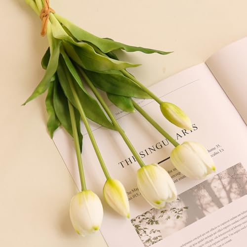 Fake Tulips Real Touch Artificial Flower Bouquet Faux Latex Tulips Flowers for Home Table Party Wedding Decoration 10 Pcs (White) - color: White