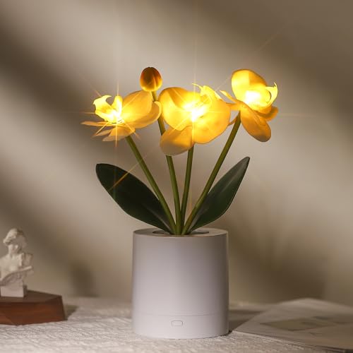 WSYEAR Flower Lamp Christmas Gifts for Her Women Wife Artificial Orchid Flower 3 Branches in White Pot, Realistic Fake Butterfly Orchid Bonsai for Living Room Decor - color: ORCHID