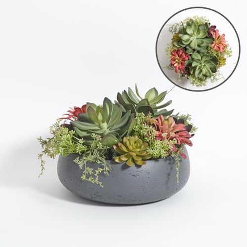 CG Hunter Faux Succulent Arrangement, Premium Artificial Indoor Plant Enhances Interior Design, Display on Any Surface in Your Home Adding an Inviting Touch of Nature, Grey Planter Pot Included - size: 14" Round Grey Planter