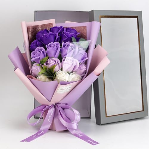 Roses Bouquet Artificial Flower - Preserved Red Rose Flowers with Love Necklace for Her Unique Gift for Birthday, Valentine's Day, Mother's Day, Thanksgiving, Christmas, Anniversary (Purple and White) - color: Purple and White