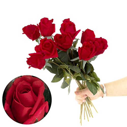 12pcs Half Opened Artificial Rose Buds,17 Inch Real Touch Silk Roses with Partially Opened Flowers, Artificial Flower for Home Décor Centerpiece Wedding Bouquet,Red - color: Red