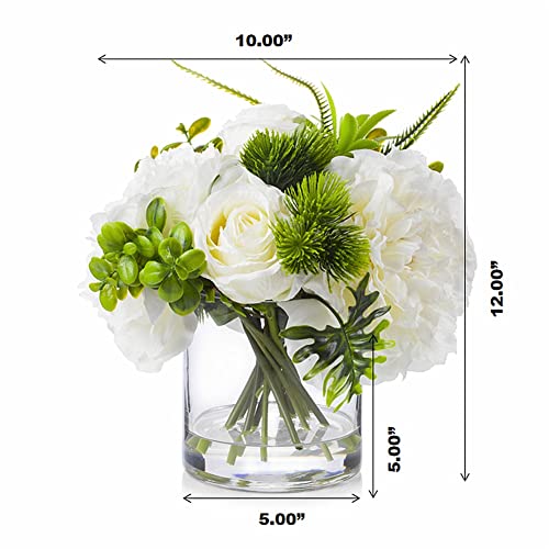 ENOVA FLORAL Artificial Rose Flowers in Vase, Mixed Fake White Rose and Silk Peonies in Vase with Faux Water for Dining Table Centerpieces, Home Decor Indoor