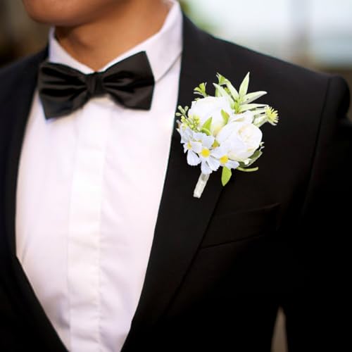 Wedding Rose Boutonniere Groom Flower Buttonholes Prom Suit Decoration for Men (White) - color: White