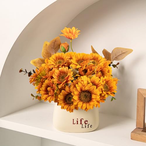4 PCS 16.5inch Autumn Faux Sunflowers Artificial Flowers Bulk 28 Heads Fall Sunflowers Bouquet with Stems Realistic for Home Wedding Thanksgiving Centerpieces Arrangements Party Home Decoration