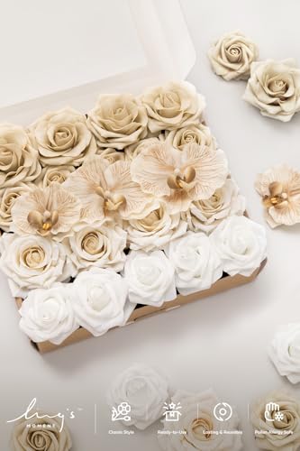 Ling's moment Artificial Flowers Fake Silk Orchid Faux Foam Roses Combo for DIY Wedding Bouquets Centerpieces Arrangements Bridal Shower Party Home Decorations, Tawny Beige & Sand Beige, 21pcs - color: Beg-tawny Beige & White