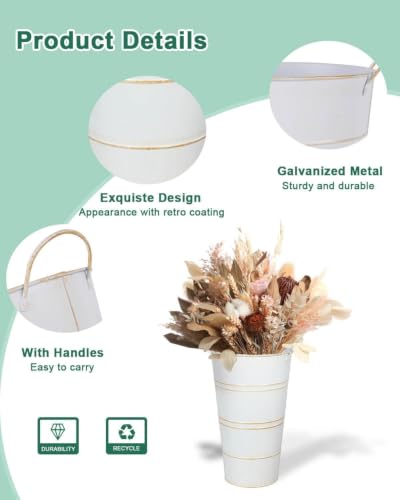 12 Inch Galvanized Metal Vases for Flowers - 6 Pcs Farmhouse Decorative Tall Flower Bucket with Handles, Rustic French Tin Planter Buckets for Wedding Decor (White) - color: White