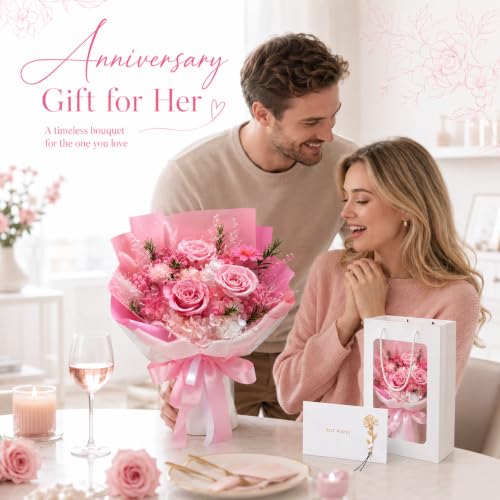Preserved Pink Rose Bouquet, 100% Real Flowers for Women Mother Wife, Long-Lasting Eternal Roses with Gift Box, Forever Flowers for Anniversary Birthday Mother's Day, Lasts 3-5 Years - color: Soft Pink