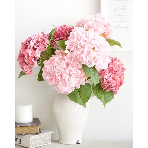 FiveSeasonStuff Real Touch Silk Hydrangea Flowers, 2 Large Long Stem Artificial Flowers for Floral Arrangements (Double Pink) - color: Double Pink (2 Stems)