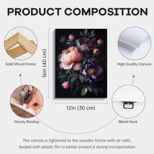 WOXZQ Peony Bouquet Wall Art, pink plum peonies, romantic wall decor, laminated paper unframed canvas print, floral poster artwork, for bedroom living room gift, 12x15 inch - color: Dark Peony Elegance