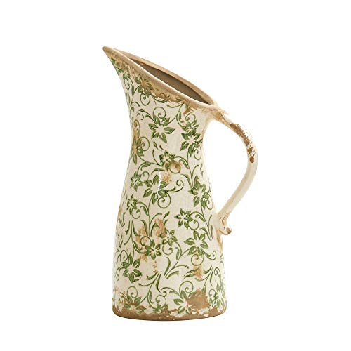 Nearly Natural 10in. Tuscan Ceramic Pitcher Vase, Green Scroll Design, Decorative Flower Vase for Home Decor, Living Room, Mantel & Entryway