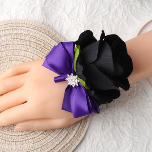 Black Rose Wrist Corsage and Boutonniere Set Rose Corsage Wristlet for Wedding Prom Party Homecoming Decoration Set of 2 (Purple and Black) - color: Purple and Black
