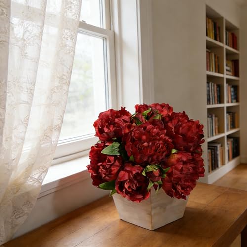 Artificial Hydrangea Flowers Arrangement in Wood Planter, 4PCS Fake Flowers in Wooden Vase Potted Floral Centerpieces for Tables Living Room Home Office Kitchen Decor (Purple Peony) - color: Purple Peony