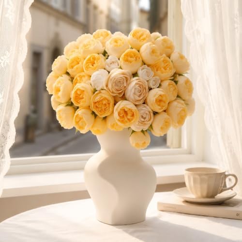 24 PCS Ranunculus Artificial Flowers, Faux Mini Ranunculus Bulk | Realistic Silk Ranunculus Bouquet for DIY Bouquets, Bridal Shower Decorations, Centerpieces, Arrangements, Champagne - color: Champagne