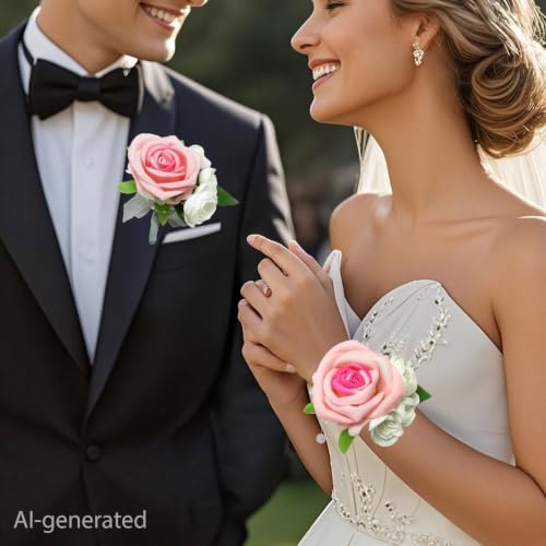 Wrist Corsage and Boutonniere Set, Artificial Rose Corsage Wristlet and Boutonniere for Wedding Prom Party (Pink, 2 Boutonniere&2 Wrist Corsage) - color: Pink, 2 Boutonniere&2 Wrist Corsage