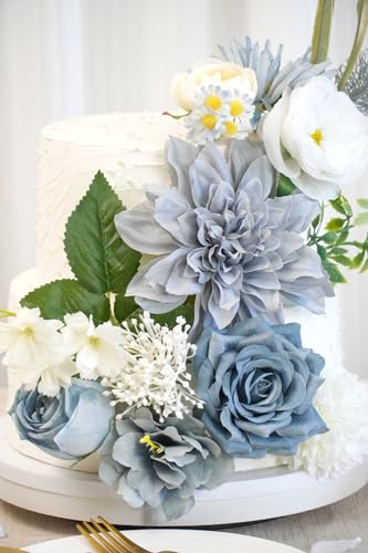 Artificial Flower Combination Box Set Artificial Flower Loose Leaves and Stems DIY Wedding Center Bouquet Bride Wedding Baby Shower(Grey White Blue) - color: Grey White Blue