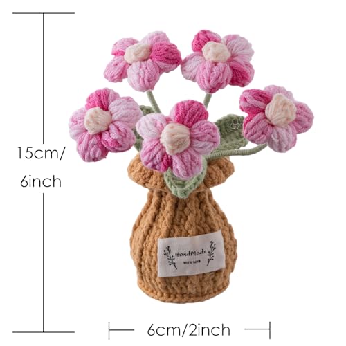 Handmade Crochet Flowers, 6 Inches Small Potted Plants, Knitted Desk Decorations for Home Office Decor (Puff Flower) - color: 6：puff Flower