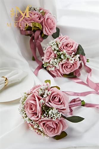 Bridesmaid Bouquets - Set of 4, 6.5 Inch Small Bridesmaid Bouquet Set - Artificial Rose Wedding Flowers - Floral Centerpieces - color: 18020-bean-paste-purple-4pcs