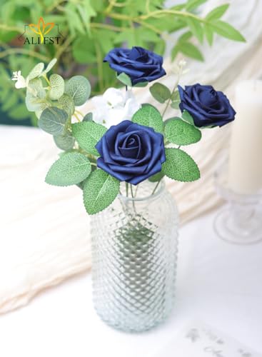 50pcs Artificial Flower，Real Touch Artificial Foam Roses Decoration DIY for Wedding Bridesmaid Bridal Bouquet Centerpieces Party(50, Navy Blue) - color: Navy Blue