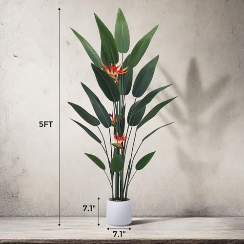 Jocoevol Artificial Bird of Paradise Plant 60in(5Ft) Tall Fake Banana Leaf Plant for Indoors and Outdoors, Artificial Flowers, Faux Palm Tree with Plastic Pot for Office and Home Decor - size: 5FT