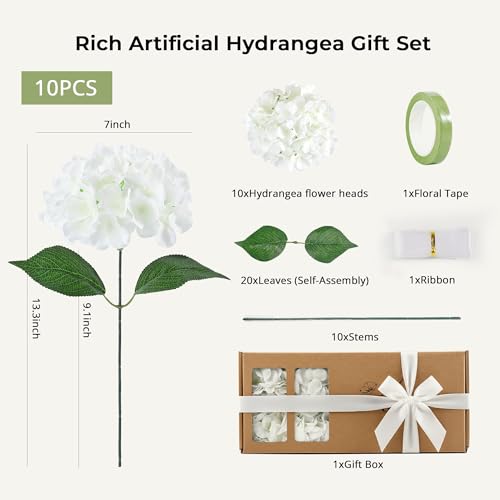 Auihiay 10PCS Artificial Hydrangea Flowers Kits, Realistic White Faux Hydrangea Flowers for Home Decor, Fake Hydrangeas for Wedding Centerpieces, DIY Bouquets, Bridal Shower, Mother's Day(White) - color: Ivory