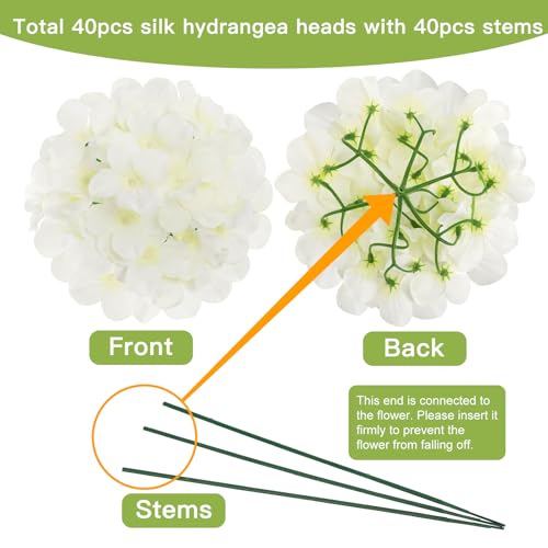 JPSOR 40pcs Artificial Hydrangea Silk Flower Heads with Stems, Fake Flowers for Mothers Day Wedding Centerpiece Home Garden Party Decoration (White) - color: White