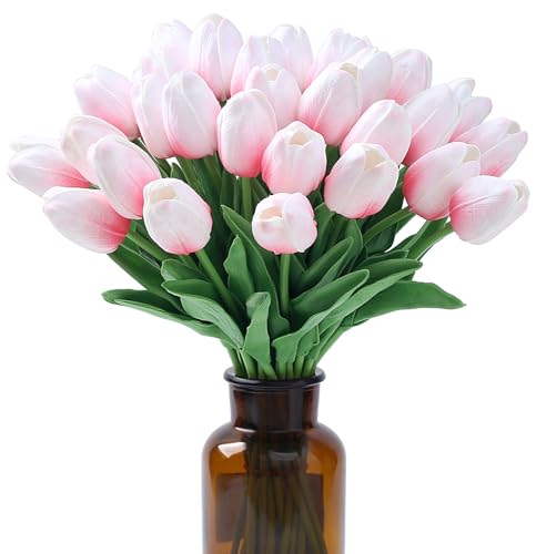 SITUMEIZI 15pcs Pink Tulips Fake Artificial Flowers Real Touch 14" PU Flower for Home Decor Spring Easter Wedding Bouquet Decorations Gifts(Pink Base) - color: Pink Base