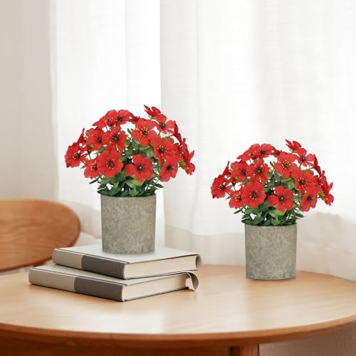 FAVOWREATH 2 Pack Small Fake Plants Potted Artificial Plants Artificial Flowers Potted Faux Flower Daisy with Eucalyptus Leaves for Home Decor Office Room Farmhouse Indoor Table Bathroom Decor（Red） - color: Red