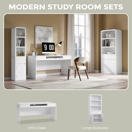 63" Modern Computer Desk with 2 Drawers, Wood Curved Executive Desk with Keyboard Tray & Power Outlet, Writing Desks with Storage for Home Office, Study Room, Living Room (White) - color: White