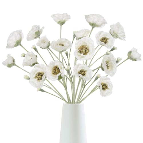 6PCS White Poppy Artificial Flowers 30 Heads Faux Poppy Flowers 26.77in Silk Flowers with Long Flocking Stems for Wedding Party Home Office Decoration(White) - color: White