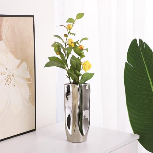 Wave Ceramic Vase - Modern Silver Shiny Finish, Pentagon Shape for Dried Flower Arrangement for Living Room Bedroom Office Decor, Small, 7" H - size: Small 7.48"