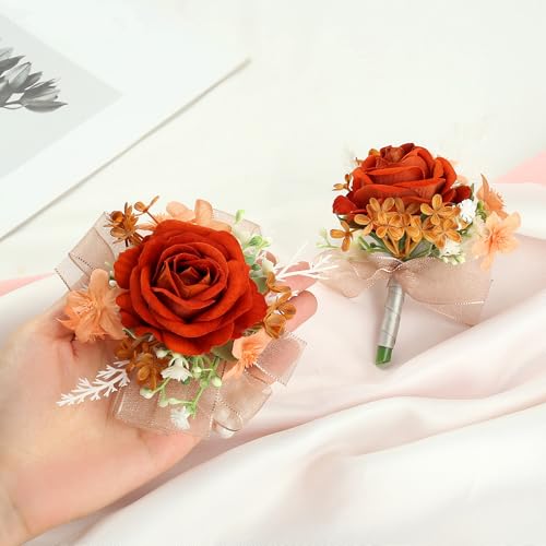 2pcs Orange Corsage Boutonniere for Prom Decor Silk Corsage Wristlet Boutonniere for Men Corsages Artificial Flowers for Wedding Party Suit Decor - color: Orange Corsage - Double-cain