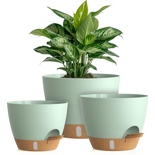 Self Watering Pots with Drainage Holes, 3 Pack 12/10/8 Inch Plant Pots with Water Level Indicator Deep Reservoir, Large Plastic Planter for Indoor Outdoor Plants - Green Brown - color: Green Brown, size: 12+10+8 Inch Set