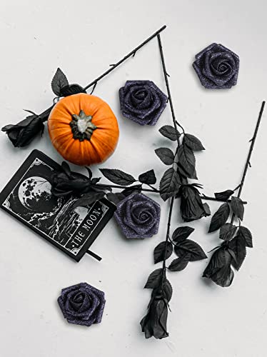 IPOPU Black Glitter Roses,50PCS Fake Roses Glitter Flowers for Crafts DIY Wedding Bouquet Home Party Decoration(Black) - color: 50pcs Black