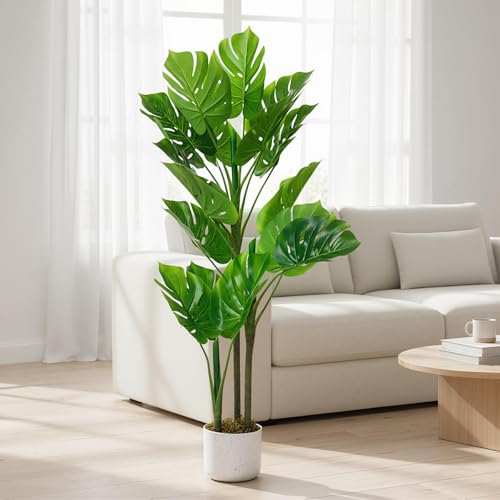 3.6FT Artificial Monstera Deliciosa Plant in White Tall Planter, 43"H Fake Decorative Evergreen Potted Swiss Cheese Floor Tree, Indoor Faux Tropical Plants for Living Room Porch Entryway Office Decor