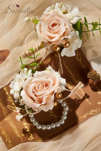 Serwalin Champagne Corsage and Boutonniere Set, Prom Flower Wrist Corsage Bracelets, Homecoming Roses Corsage Wristlet and Men Boutonniere for Wedding Flowers Accessories Prom Suit Decorations - color: Champagne, size: 1 Boutonniere & 1 Wrist Corsage - 2p
