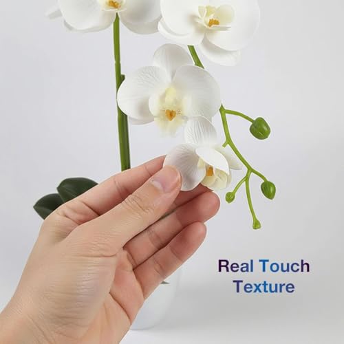 Artificial Orchid Flowers in Pot, 17" Real Touch Phalaenopsis Faux Orchid Plant (Adjustable to 20"), Large White/Pink Fake Flower Arrangement for Dining Table Centerpiece, Home Office (White) - color: White