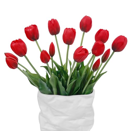 15 Pcs Red Artificial Tulips Fake Flowers, Premium Latex Lifelike Texture, UV Resistant Waterproof Faux Tulip Bouquets with Snap-on Petals for Outdoor, Home, Wedding Decor - color: Red