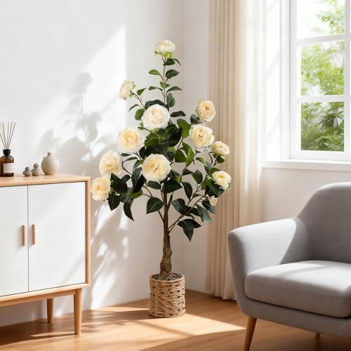 2Pack Artificial Camellia Tree, 3Ft Faux Yellow Camellia Plant in Pot, Fake Outdoor Tree Camellia Flower Tree for Home Office Living Room Floor Indoor Decor - color: Yellow