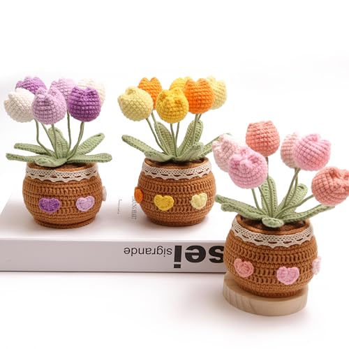 Handmade Tulips, Hand-Woven Flowers, Crocheted Tulips, Artificial FlowersTulipsBirthday Gifts for Family and Girlfriends, Home Office Decoration, Graduation Anniversary (6 Flowers-Yellow) - color: Yellow a, size: A