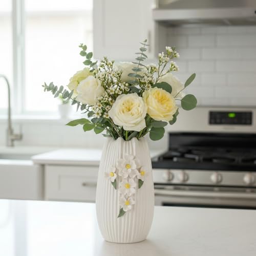 White Vase - Modern Boho Vases for Centerpieces, Minimalist Decorative Flower Vase for Pampas Grass, Dining Room Table, Shelf, Bathroom Decor, 9 Inch - color: White and Yellow, size: 9 inch