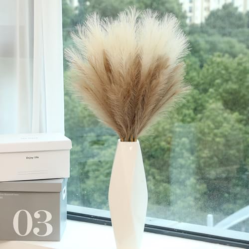Wertuirk 9 Stems Faux Pampas Grass - 38 Inch Long Fluffy Pompous Grass Bulk, Big Artificial Pompas Floral for Baby Shower Decoration, Wedding Centerpieces and Boho Home Decor (Beige & Taupe) - color: Beige & Taupe