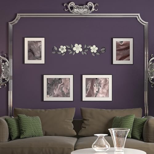 Wesiti Metal Flower Wall Decor Vintage Metal Flower Wrought Iron Scroll Sculpture 15.7''x3.7'' Not 3D, Flat Farmhouse Leaf Wall Decor with Nails for Summer Bedroom Kitchen Indoor Outdoor(White) - color: White