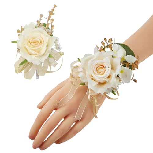 Champagne Rose Women Corsage and Men Boutonniere Set for Dance Party | Groomsmen and Groom Boutonniere for Wedding, Prom, Homecoming, Wrist Corsages for Mother of Bride, Bridesmaids, Girls - color: Champagne-b 1 Wrist Corsage&1 Boutonniere