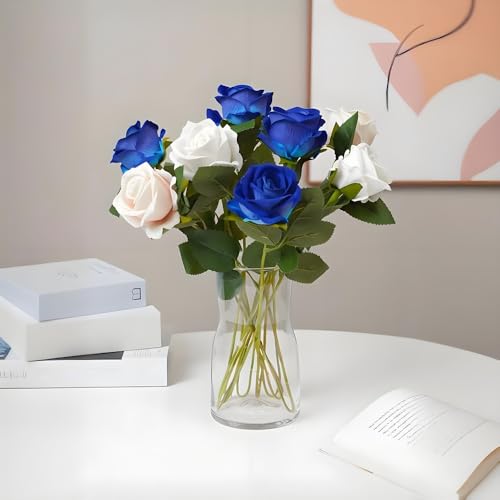Jasion 12PCS Artificial Roses Realistic Velvet Silk Flowers Long Stem Faux Flowers Bouquet for Wedding Home Party Table Centerpieces Decorations (Blue) - color: 12pcs Blue