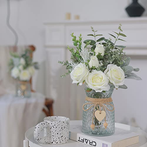 Faux Flowers with Vase,Artificial Silk Roses in Vase, Fake Plant Eucalyptus Flower Arrangement for Home Office Farmhouse Bathroom Dining Table Centerpiece Decorations Coffee Table Decor (White) - color: White