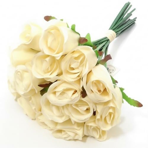 Cream Roses, Bunch of 18 Faux Flowers Bouquet, (12") 30cm Realistic Artificial Roses with Stems for DIY Weddings Bridal Shower & Christmas Party Arrangements - color: Cream