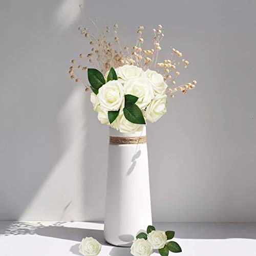 AmyHomie Artificial Flower Ivory Rose 25pcs Real Looking Fake Roses w/Stem for DIY Wedding Bouquets Centerpieces Arrangements Party Baby Shower Valentines Day Christmas Tree Decorations - color: Ivory
