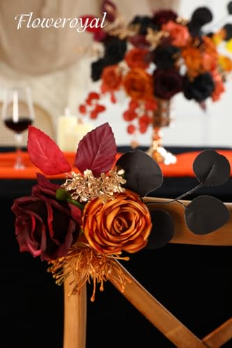 Floweroyal Halloween Artificial Flowers Black Flowers Mix Silk Flowers Fake Roses with Stems for DIY Wedding Bridal Bouquets, Baby Shower, Floral Arrangement, Table Centerpieces, Home Decorations - color: Orange & Black